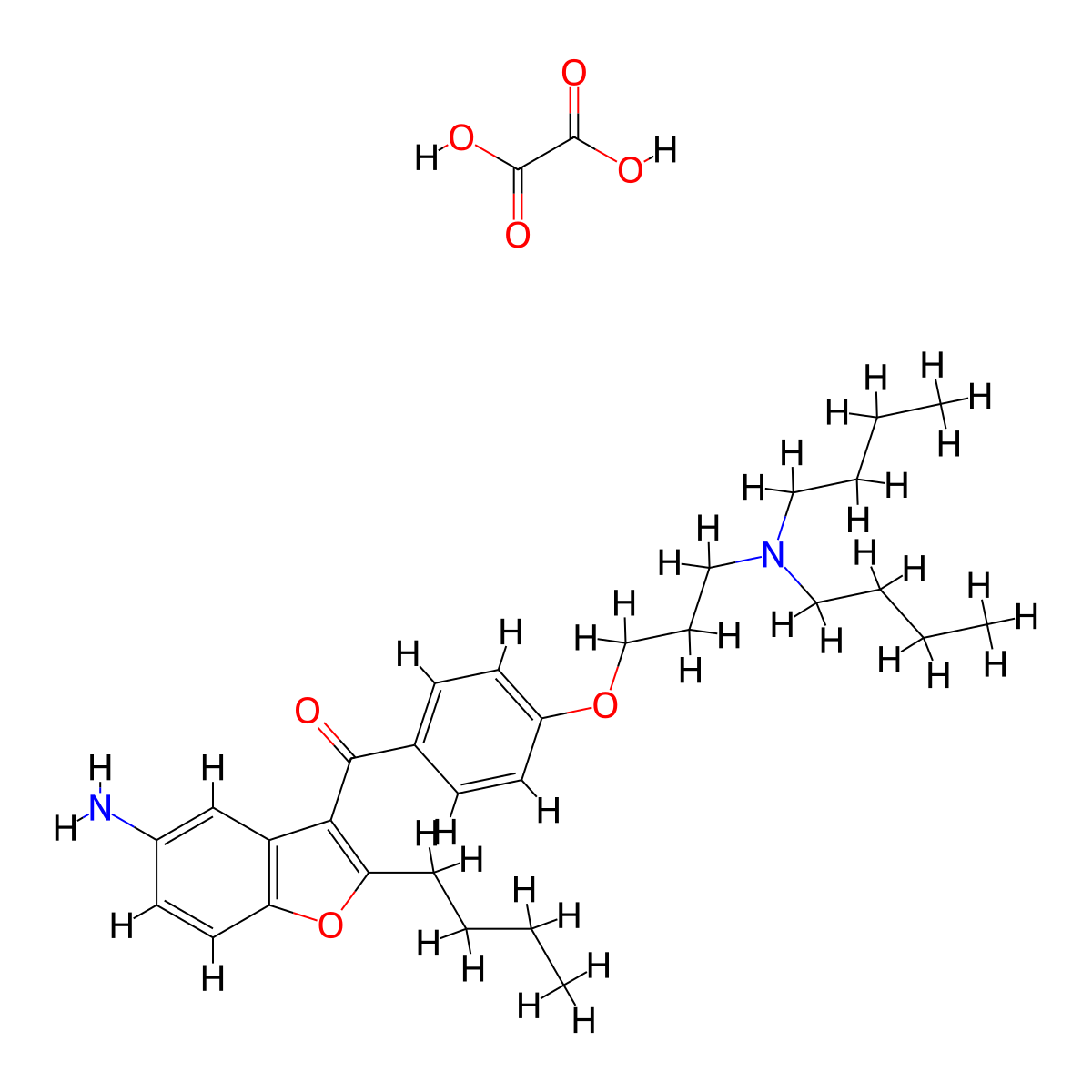 (5-Amino-2-butylbenzofuran-3-yl)(4-(3-(dibutylamino)propoxy)phenyl)methanone oxalate molecular structure, CAS 500791-70-8