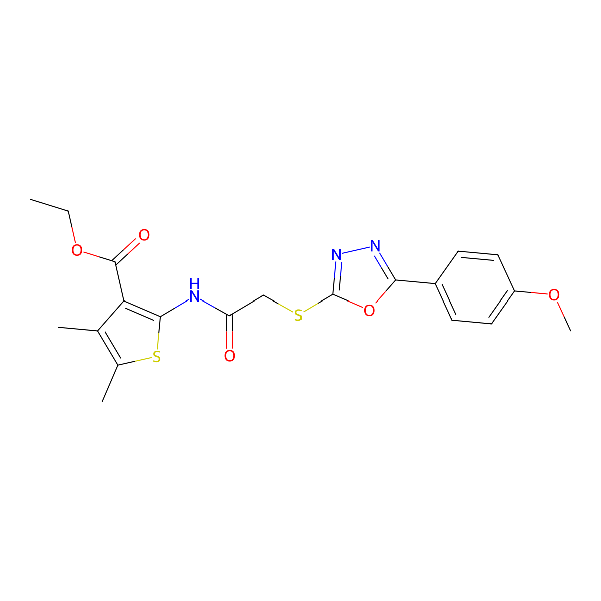 Ethyl 2-[({[5-(4-methoxyphenyl)-1,3,4-oxadiazol-2-yl]sulfanyl}acetyl)amino]-4,5-dimethylthiophene-3-carboxylate molecular structure, CAS 501111-51-9
