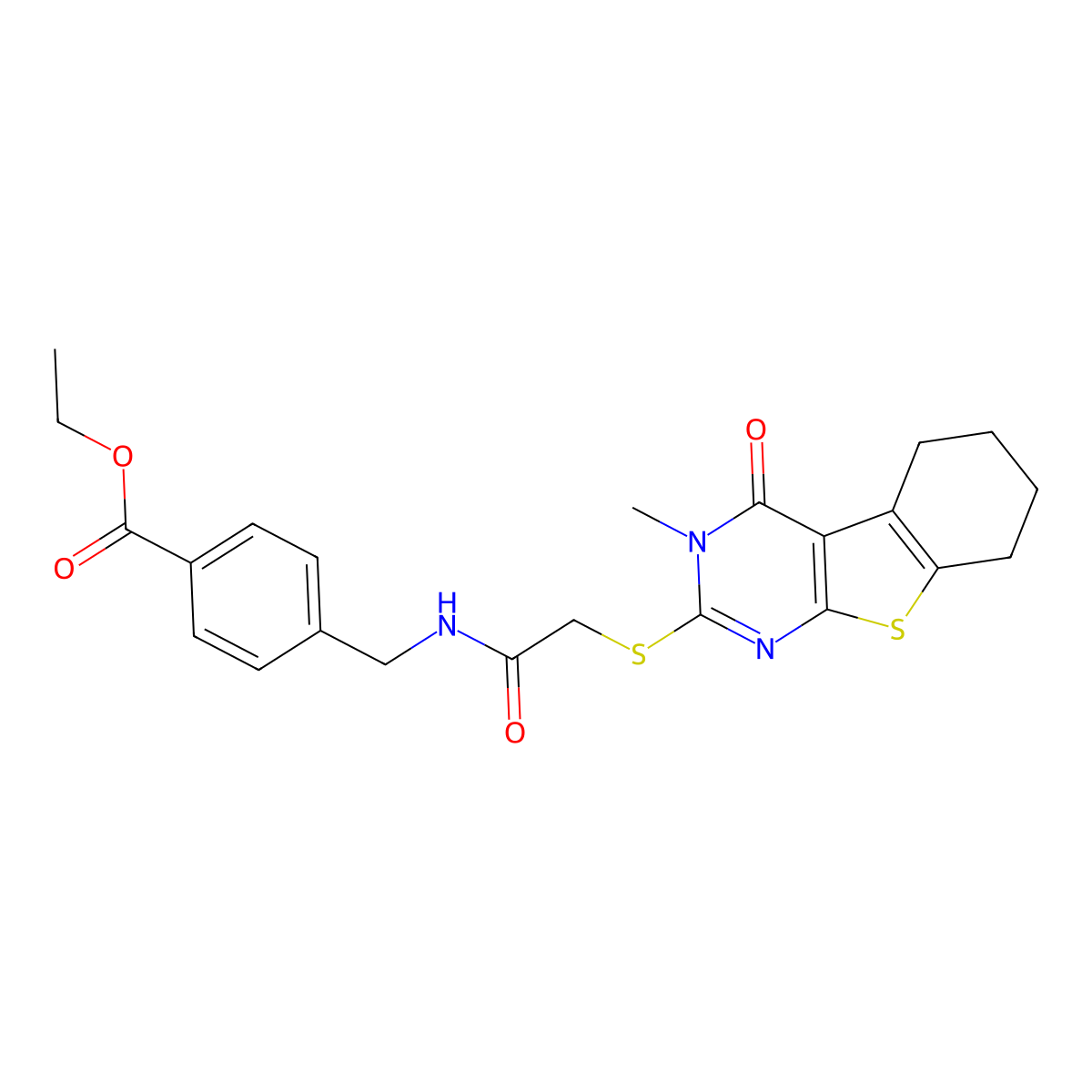Ethyl 4-[({[(3-methyl-4-oxo-3,4,5,6,7,8-hexahydro[1]benzothieno[2,3-d]pyrimidin-2-yl)sulfanyl]acetyl}amino)methyl]benzoate molecular structure, CAS 501111-53-1
