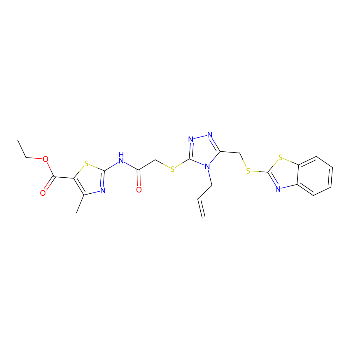 Ethyl 2-{2-[5-(benzothiazol-2-ylthiomethyl)-4-prop-2-enyl(1,2,4-triazol-3-ylth io)]acetylamino}-4-methyl-1,3-thiazole-5-carboxylate molecular structure, CAS 501112-66-9