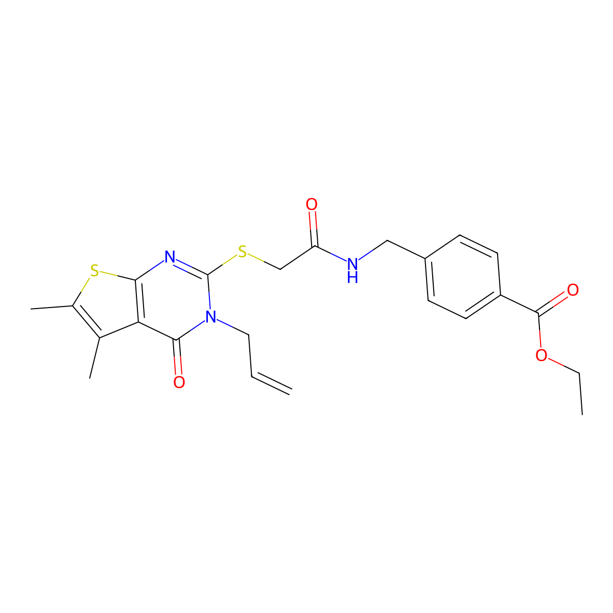 Ethyl 4-{[2-(5,6-dimethyl-4-oxo-3-prop-2-enyl-3-hydrothiopheno[2,3-d]pyrimidin-2-ylthio)acetylamino]methyl}benzoate molecular structure, CAS 501112-72-7