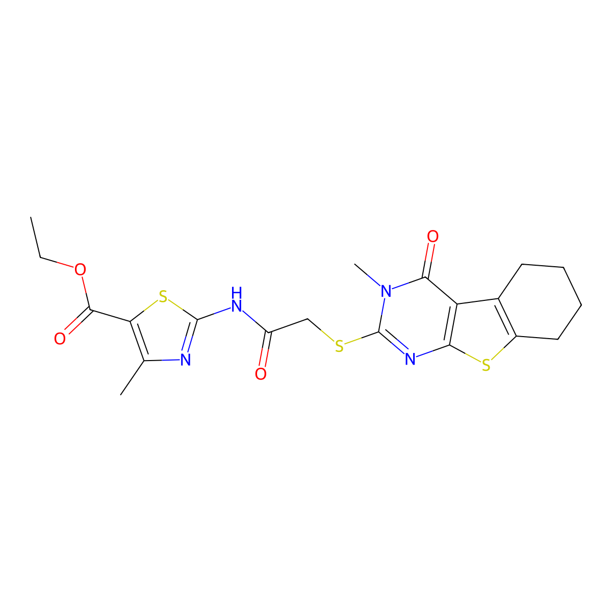Ethyl 4-methyl-2-[[2-[(3-methyl-4-oxo-5,6,7,8-tetrahydro-[1]benzothiolo[2,3-d]pyrimidin-2-yl)sulfanyl]acetyl]amino]-1,3-thiazole-5-carboxylate molecular structure, CAS 501112-73-8