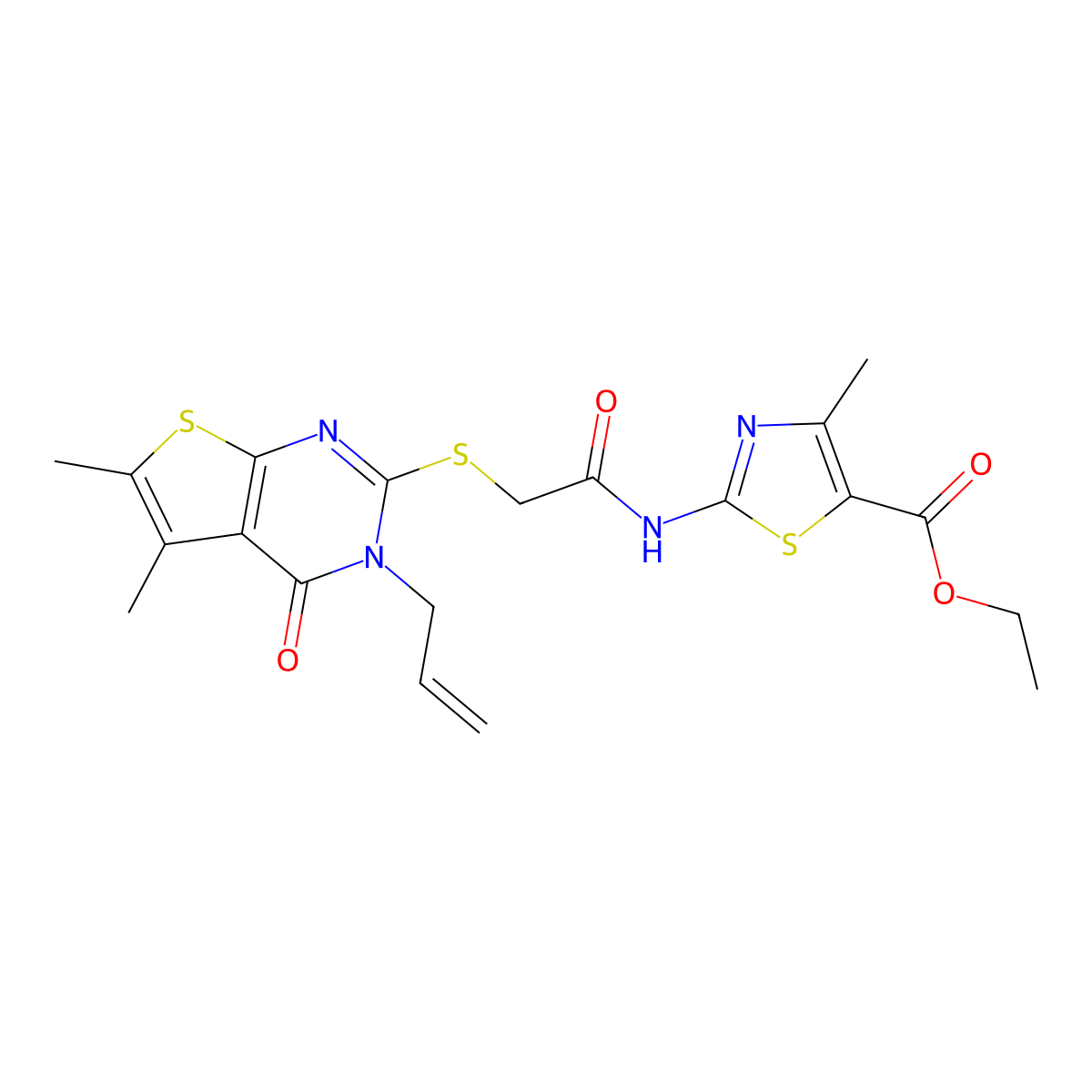 Ethyl 2-[[2-(5,6-dimethyl-4-oxo-3-prop-2-enylthieno[2,3-d]pyrimidin-2-yl)sulfanylacetyl]amino]-4-methyl-1,3-thiazole-5-carboxylate molecular structure, CAS 501112-74-9