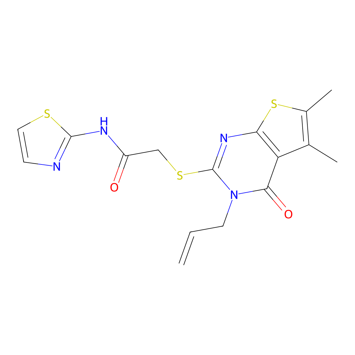 2-((3-allyl-5,6-dimethyl-4-oxo-3,4-dihydrothieno[2,3-d]pyrimidin-2-yl)thio)-N-(thiazol-2-yl)acetamide molecular structure, CAS 501112-75-0