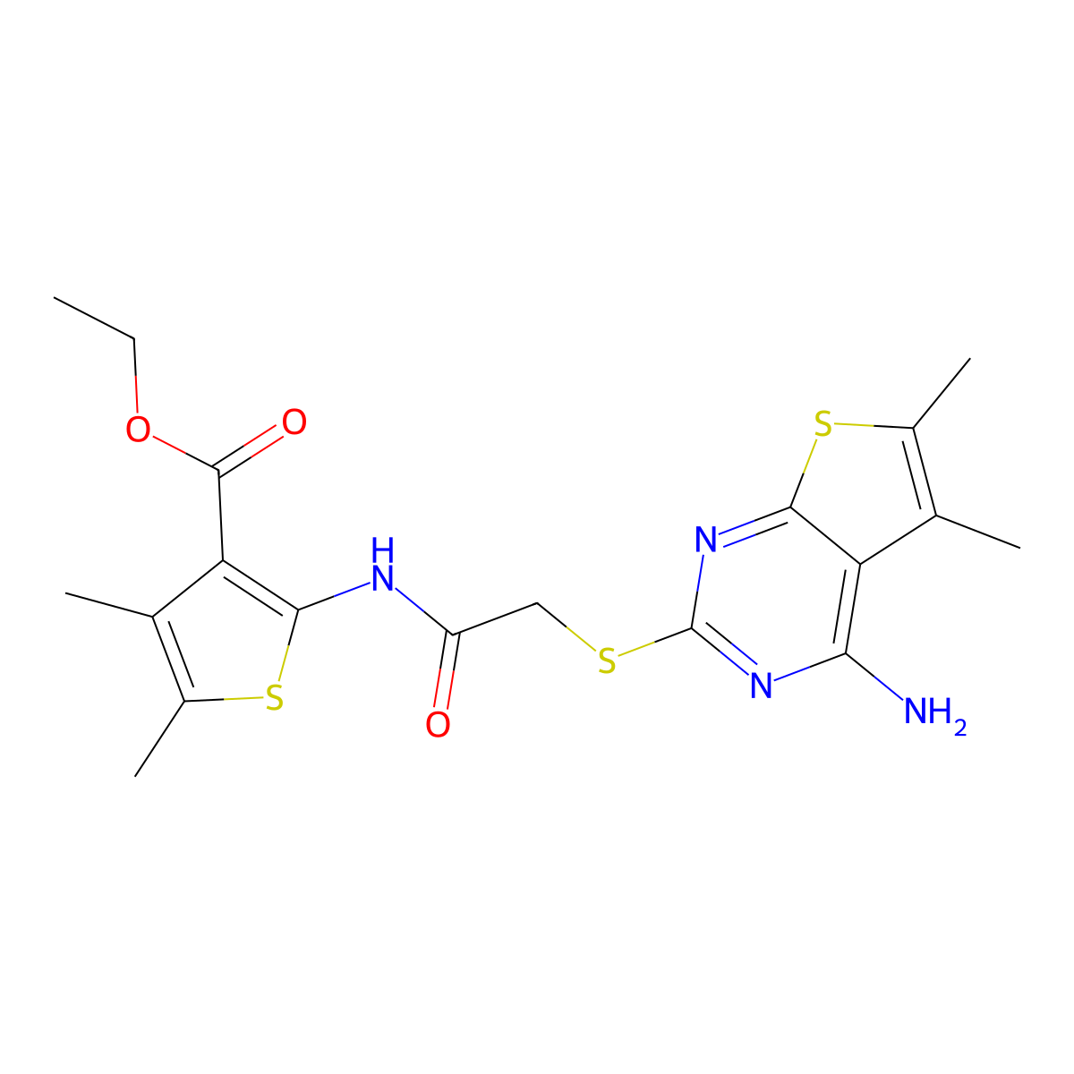 Ethyl 2-({[(4-amino-5,6-dimethylthieno[2,3-d]pyrimidin-2-yl)sulfanyl]acetyl}amino)-4,5-dimethylthiophene-3-carboxylate molecular structure, CAS 501112-78-3