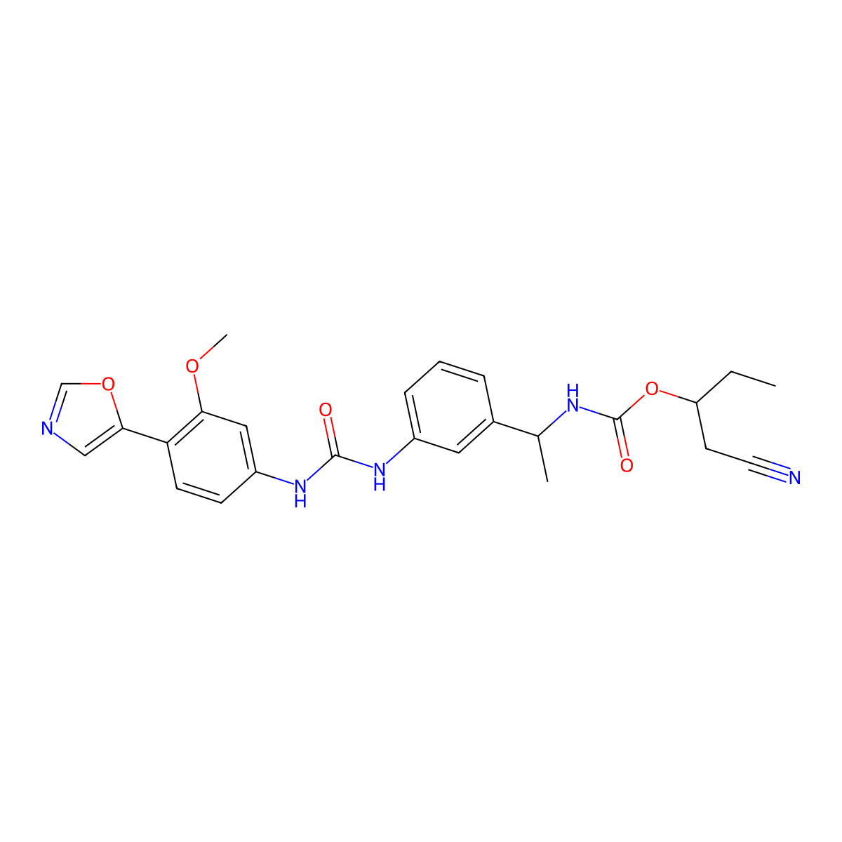1-Cyanobutan-2-yl N-[1-[3-[[3-methoxy-4-(1,3-oxazol-5-yl)phenyl]carbamoylamino]phenyl]ethyl]carbamate molecular structure, CAS 501345-02-4