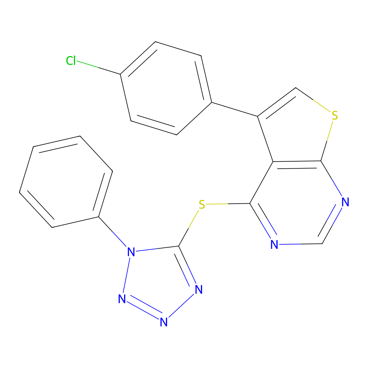 5-(4-chlorophenyl)-4-((1-phenyl-1H-tetrazol-5-yl)thio)thieno[2,3-d]pyrimidine molecular structure, CAS 501348-35-2