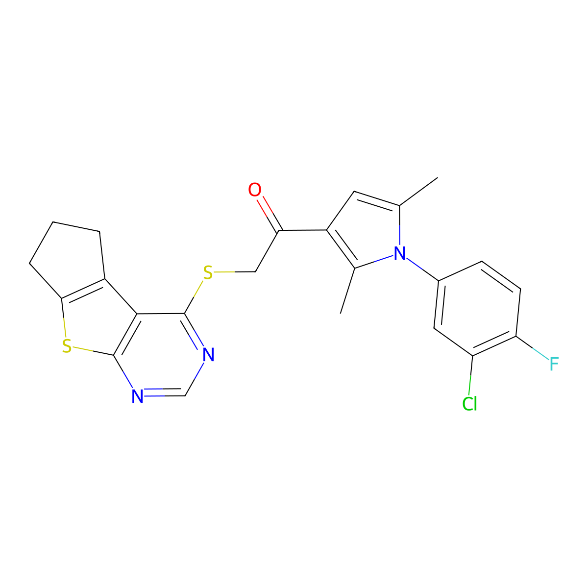 1-[1-(3-chloro-4-fluorophenyl)-2,5-dimethyl-1H-pyrrol-3-yl]-2-{7-thia-9,11-diazatricyclo[6.4.0.0^{2,6}]dodeca-1(8),2(6),9,11-tetraen-12-ylsulfanyl}ethan-1-one molecular structure, CAS 501348-45-4