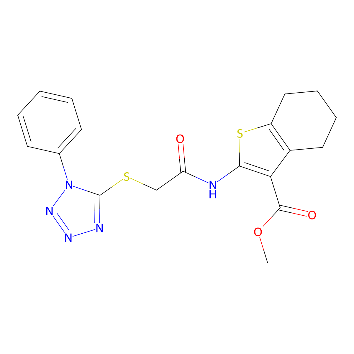methyl 2-{2-[(1-phenyl-1H-1,2,3,4-tetrazol-5-yl)sulfanyl]acetamido}-4,5,6,7-tetrahydro-1-benzothiophene-3-carboxylate molecular structure, CAS 501348-59-0