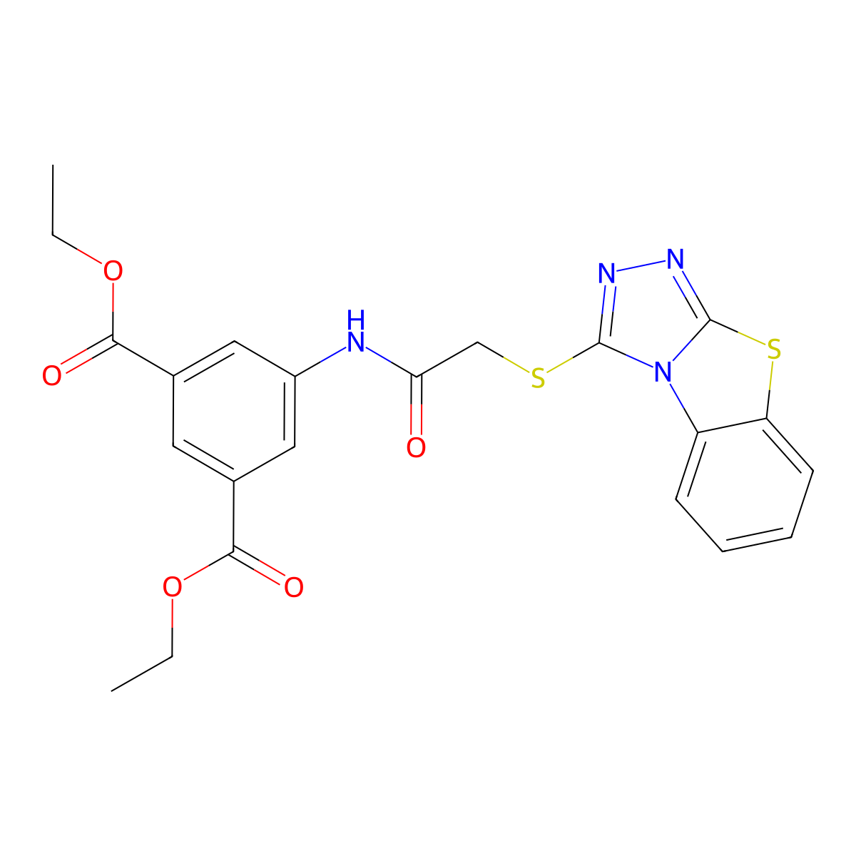 1,3-Diethyl 5-(2-{7-thia-2,4,5-triazatricyclo[6.4.0.0^{2,6}]dodeca-1(8),3,5,9,11-pentaen-3-ylsulfanyl}acetamido)benzene-1,3-dicarboxylate molecular structure, CAS 501349-20-8