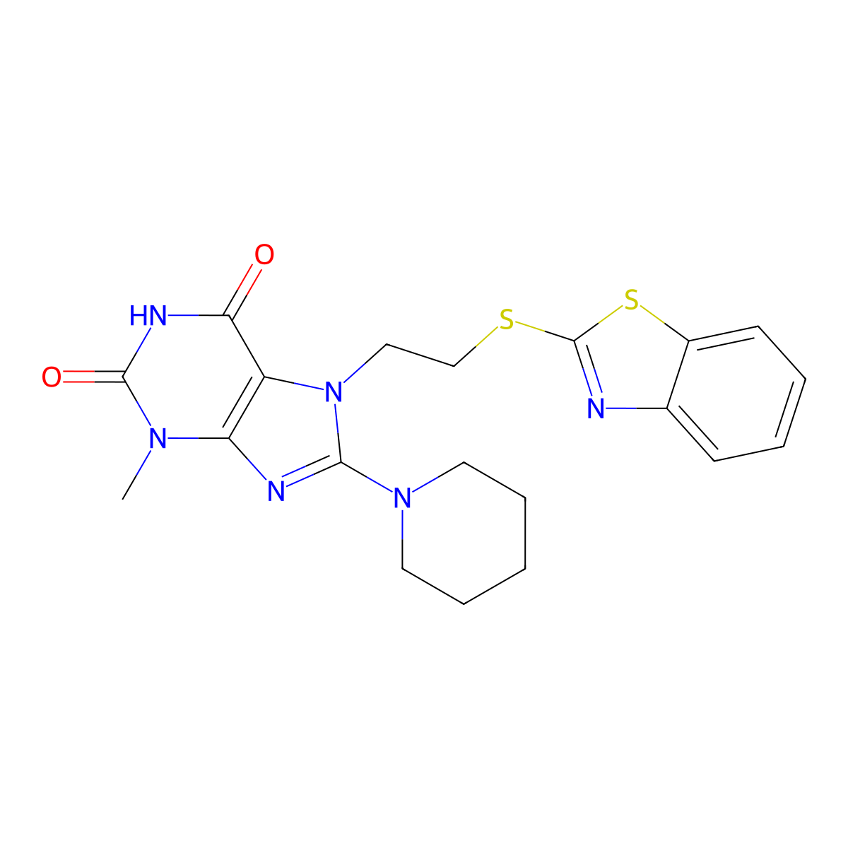 7-(2-(benzo[d]thiazol-2-ylthio)ethyl)-3-methyl-8-(piperidin-1-yl)-1H-purine-2,6(3H,7H)-dione molecular structure, CAS 501352-25-6