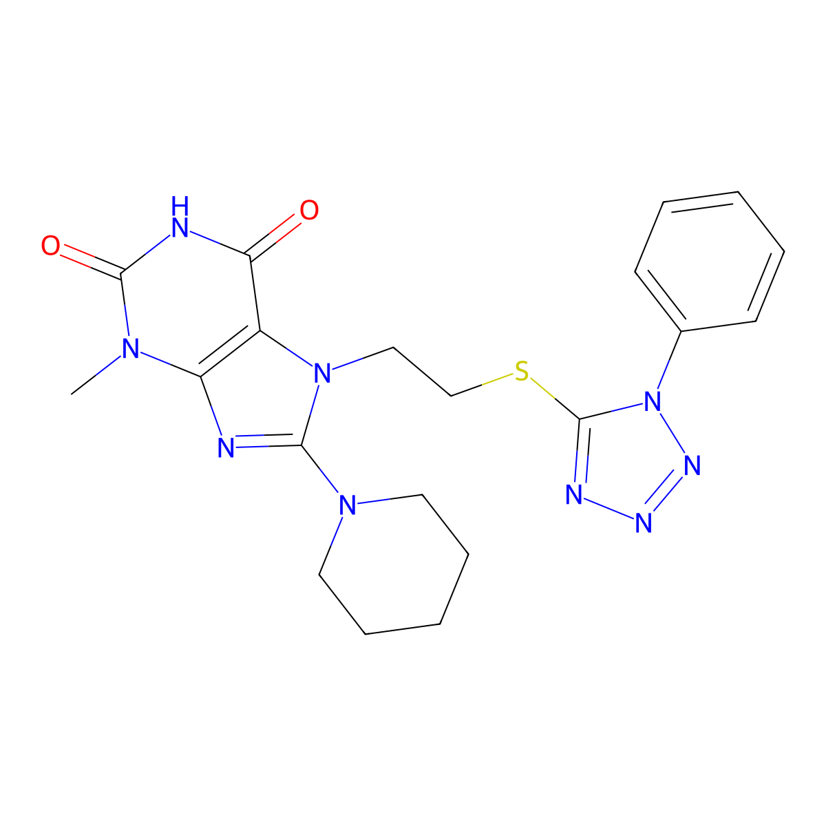 3-methyl-7-(2-((1-phenyl-1H-tetrazol-5-yl)thio)ethyl)-8-(piperidin-1-yl)-1H-purine-2,6(3H,7H)-dione molecular structure, CAS 501352-26-7