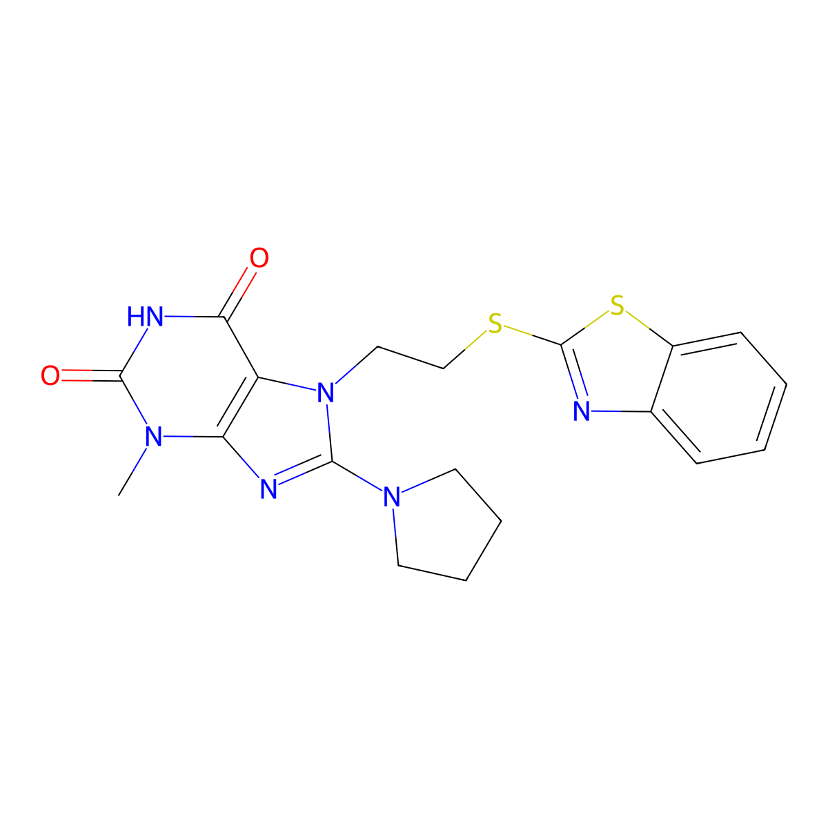 7-(2-(benzo[d]thiazol-2-ylthio)ethyl)-3-methyl-8-(pyrrolidin-1-yl)-1H-purine-2,6(3H,7H)-dione molecular structure, CAS 501352-27-8