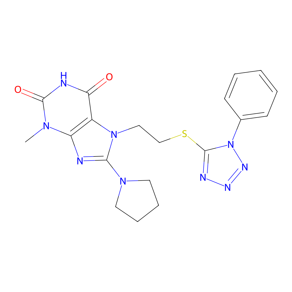 3-methyl-7-(2-((1-phenyl-1H-tetrazol-5-yl)thio)ethyl)-8-(pyrrolidin-1-yl)-1H-purine-2,6(3H,7H)-dione molecular structure, CAS 501352-28-9