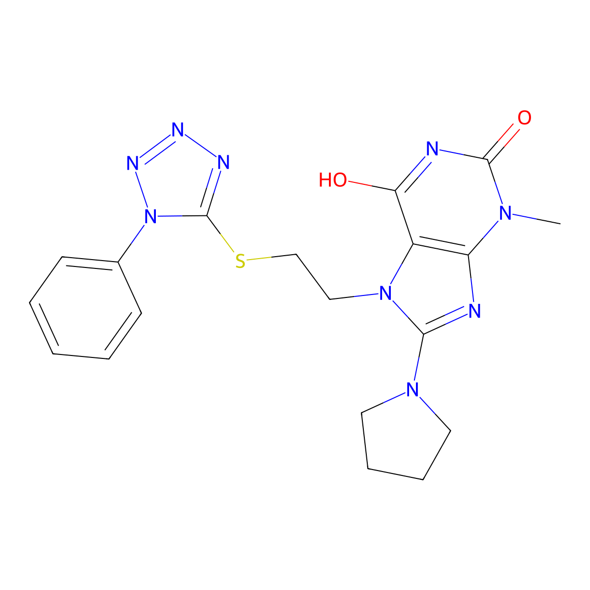 3-methyl-7-(2-((1-phenyl-1H-tetrazol-5-yl)thio)ethyl)-8-(pyrrolidin-1-yl)-1H-purine-2,6(3H,7H)-dione molecular structure, CAS 501352-28-9