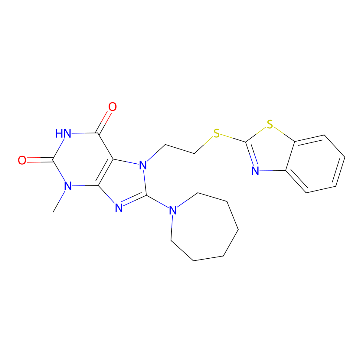 8-(azepan-1-yl)-7-(2-(benzo[d]thiazol-2-ylthio)ethyl)-3-methyl-1H-purine-2,6(3H,7H)-dione molecular structure, CAS 501352-30-3
