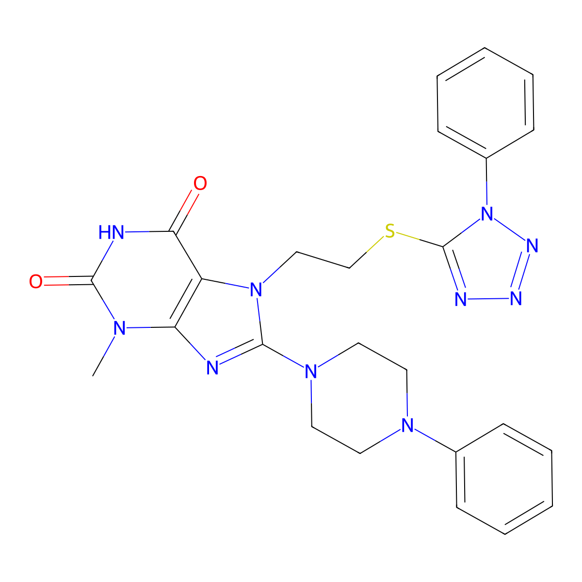 3-methyl-7-(2-((1-phenyl-1H-tetrazol-5-yl)thio)ethyl)-8-(4-phenylpiperazin-1-yl)-1H-purine-2,6(3H,7H)-dione molecular structure, CAS 501352-33-6