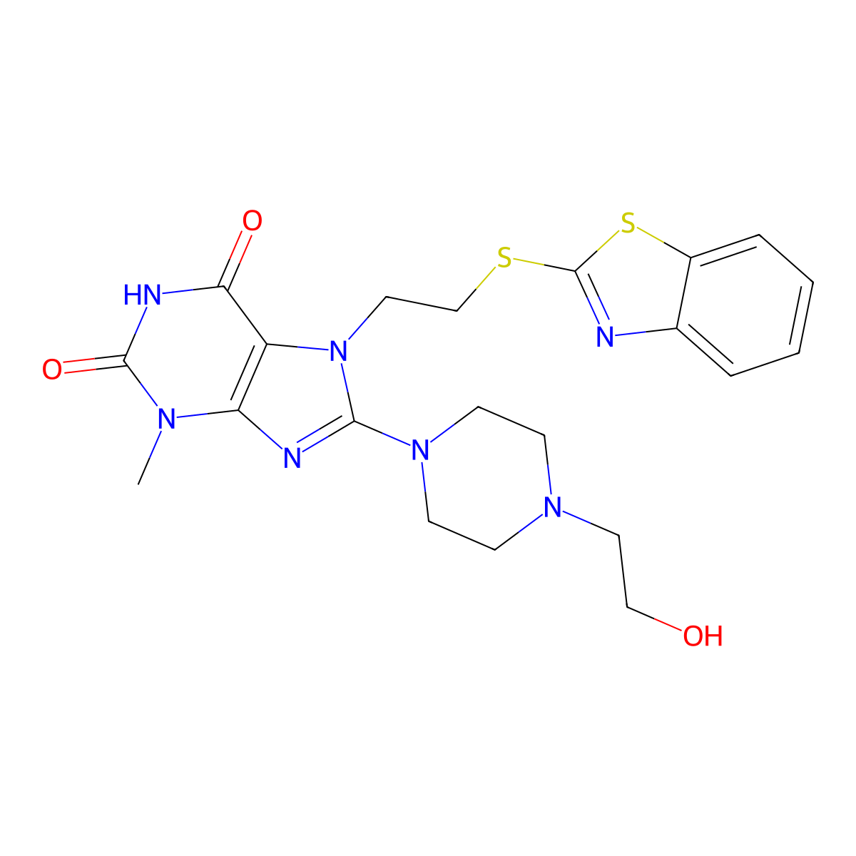 7-(2-(benzo[d]thiazol-2-ylthio)ethyl)-8-(4-(2-hydroxyethyl)piperazin-1-yl)-3-methyl-1H-purine-2,6(3H,7H)-dione molecular structure, CAS 501352-34-7