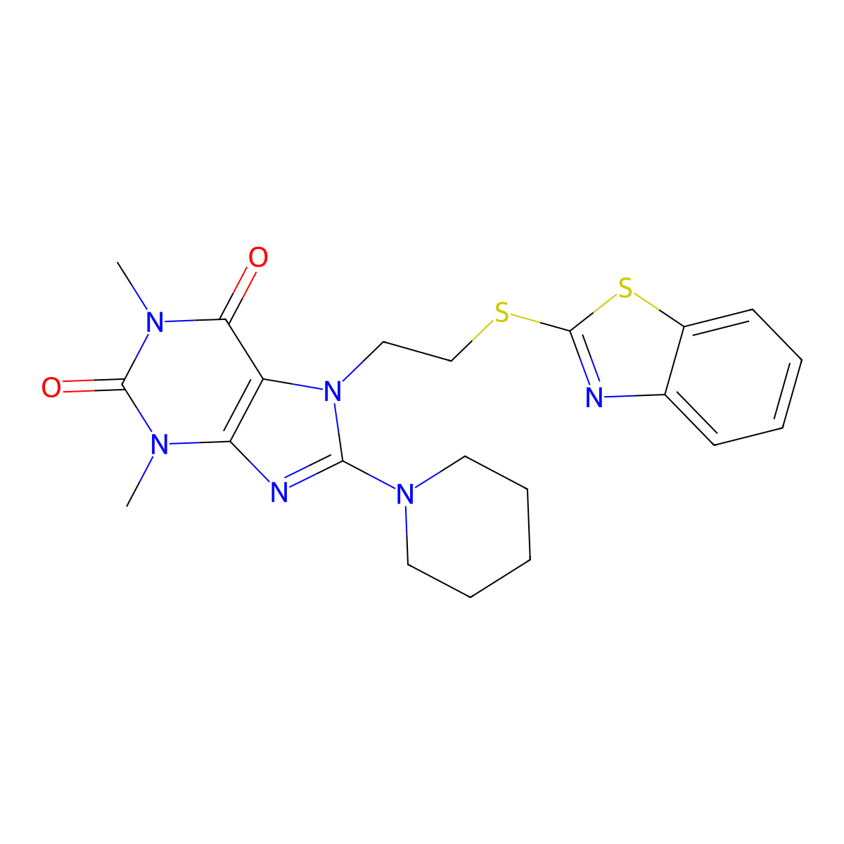 7-(2-(benzo[d]thiazol-2-ylthio)ethyl)-1,3-dimethyl-8-(piperidin-1-yl)-1H-purine-2,6(3H,7H)-dione molecular structure, CAS 501352-35-8