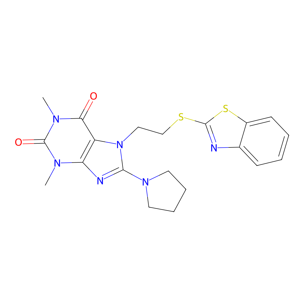 7-(2-(benzo[d]thiazol-2-ylthio)ethyl)-1,3-dimethyl-8-(pyrrolidin-1-yl)-1H-purine-2,6(3H,7H)-dione molecular structure, CAS 501352-36-9