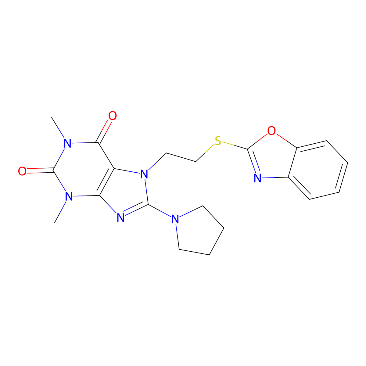 7-(2-(benzo[d]oxazol-2-ylthio)ethyl)-1,3-dimethyl-8-(pyrrolidin-1-yl)-1H-purine-2,6(3H,7H)-dione molecular structure, CAS 501352-37-0
