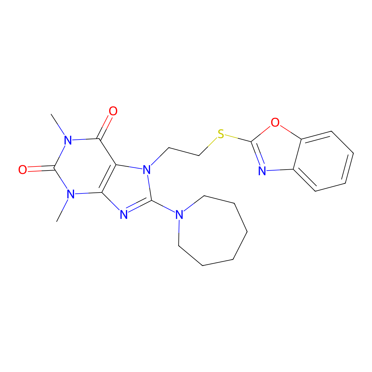 8-(Azepan-1-yl)-7-[2-(1,3-benzoxazol-2-ylsulfanyl)ethyl]-1,3-dimethylpurine-2,6-dione molecular structure, CAS 501352-39-2
