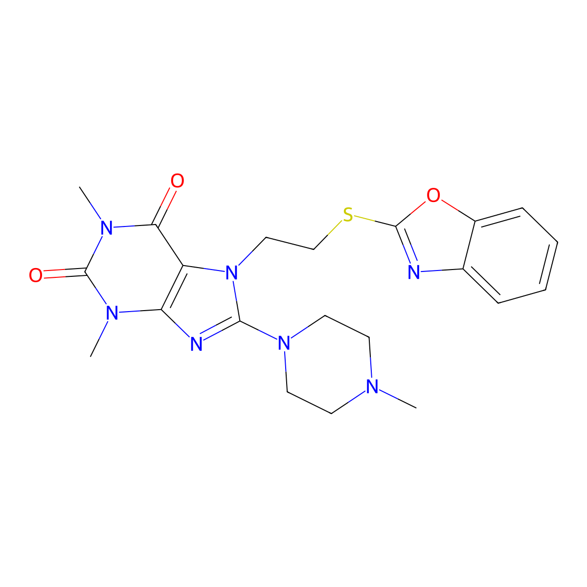 7-(2-(benzo[d]oxazol-2-ylthio)ethyl)-1,3-dimethyl-8-(4-methylpiperazin-1-yl)-1H-purine-2,6(3H,7H)-dione molecular structure, CAS 501352-41-6