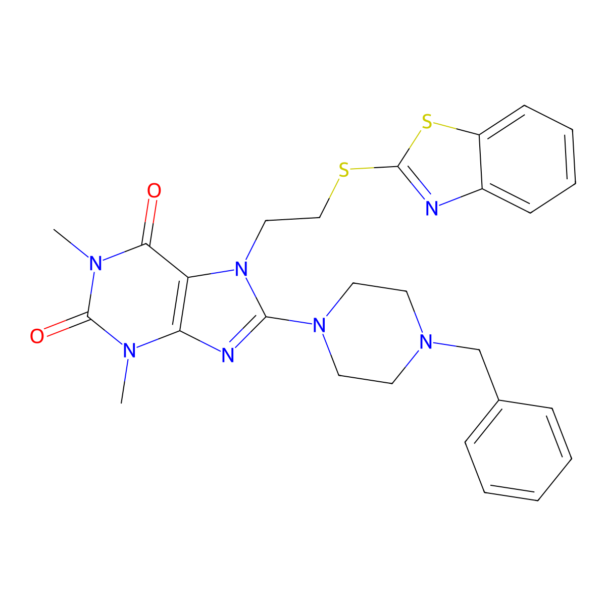7-(2-(benzo[d]thiazol-2-ylthio)ethyl)-8-(4-benzylpiperazin-1-yl)-1,3-dimethyl-1H-purine-2,6(3H,7H)-dione molecular structure, CAS 501352-46-1