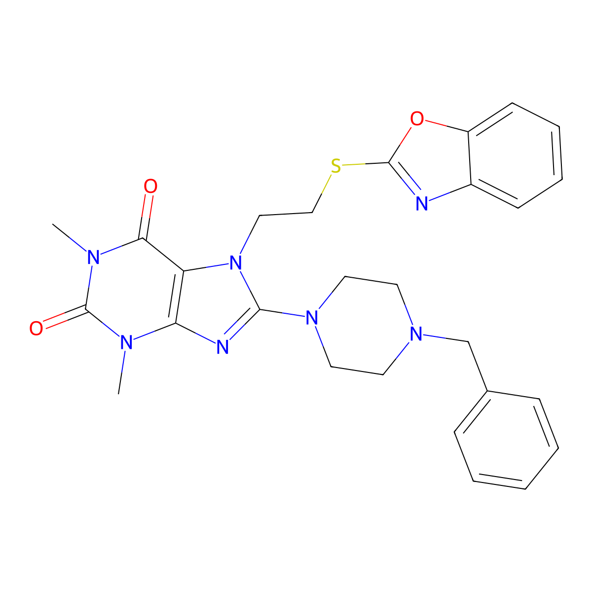 7-(2-(benzo[d]oxazol-2-ylthio)ethyl)-8-(4-benzylpiperazin-1-yl)-1,3-dimethyl-1H-purine-2,6(3H,7H)-dione molecular structure, CAS 501352-47-2