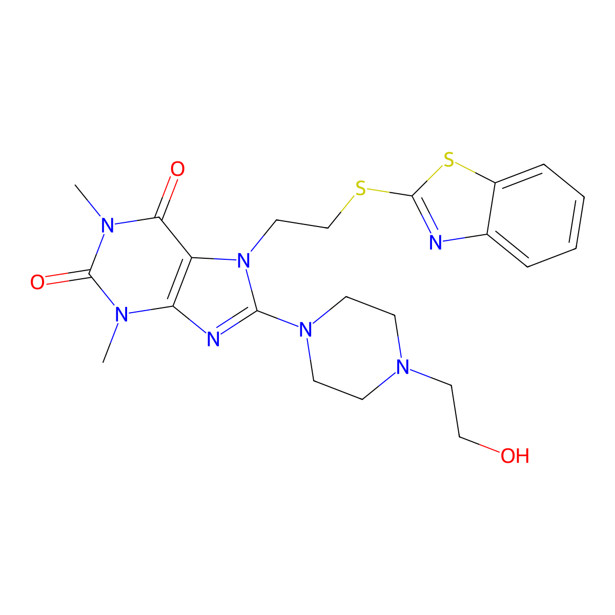 7-(2-(benzo[d]thiazol-2-ylthio)ethyl)-8-(4-(2-hydroxyethyl)piperazin-1-yl)-1,3-dimethyl-1H-purine-2,6(3H,7H)-dione molecular structure, CAS 501352-48-3