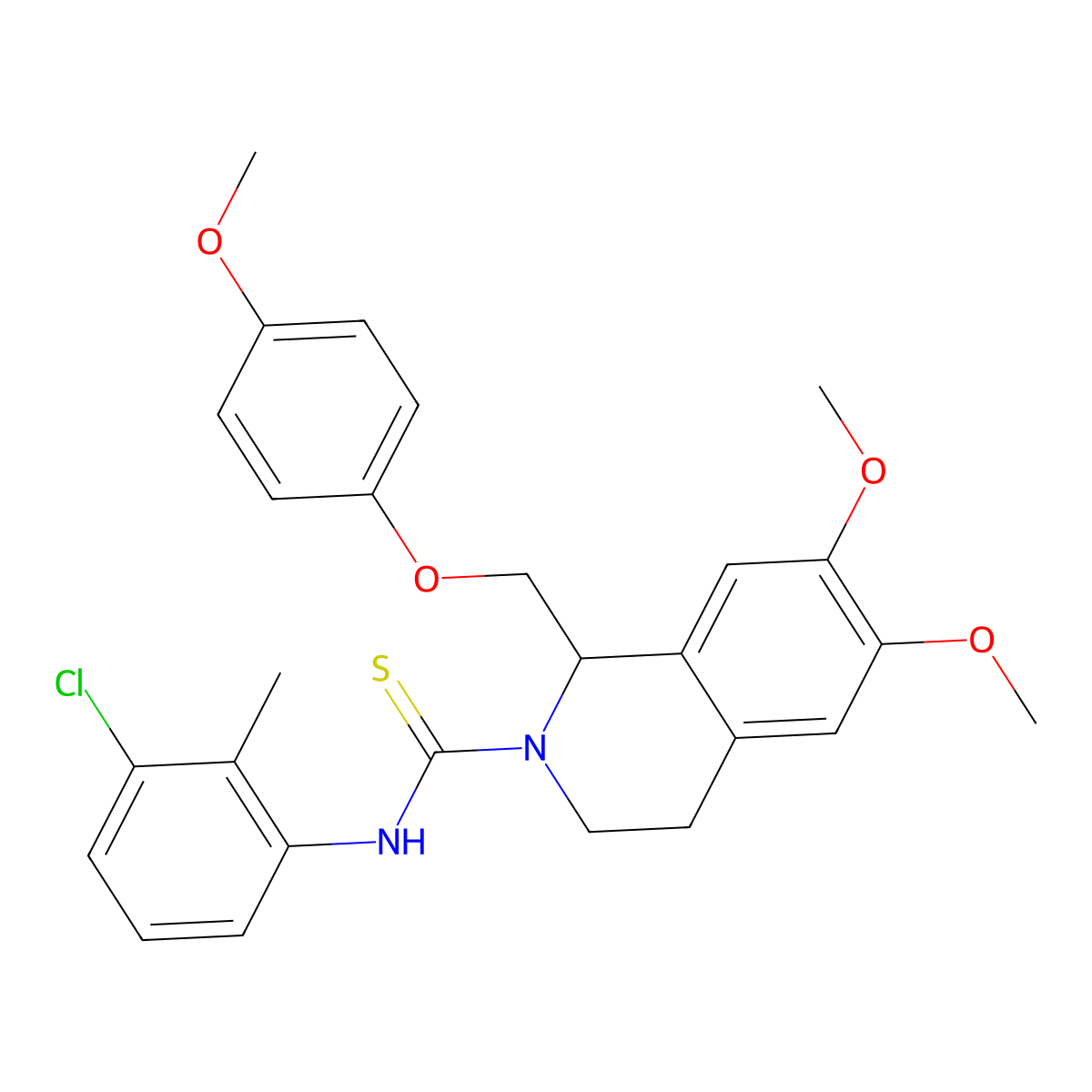 N-(3-chloro-2-methylphenyl)-6,7-dimethoxy-1-((4-methoxyphenoxy)methyl)-3,4-dihydroisoquinoline-2(1H)-carbothioamide molecular structure, CAS 501352-70-1