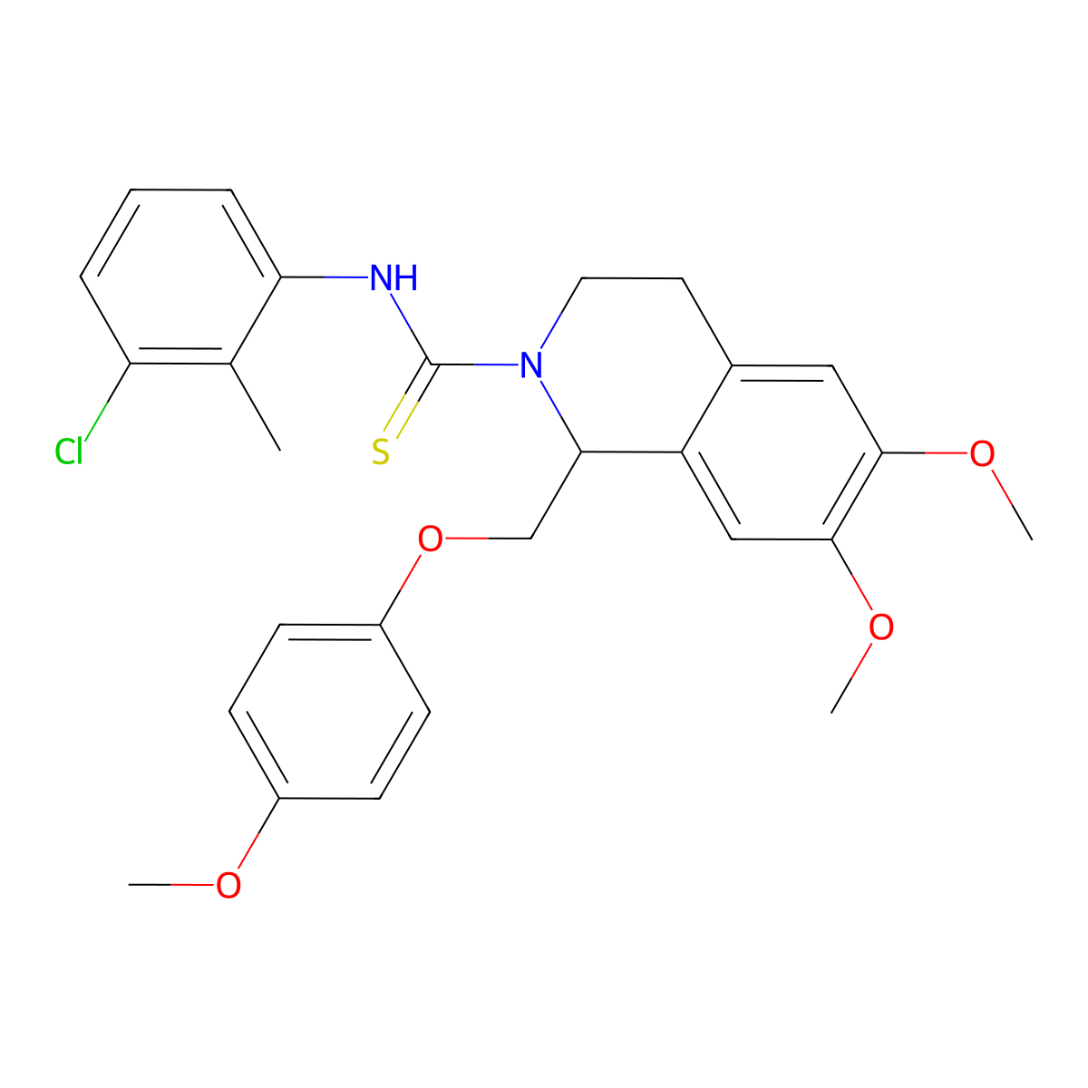N-(3-chloro-2-methylphenyl)-6,7-dimethoxy-1-((4-methoxyphenoxy)methyl)-3,4-dihydroisoquinoline-2(1H)-carbothioamide molecular structure, CAS 501352-70-1