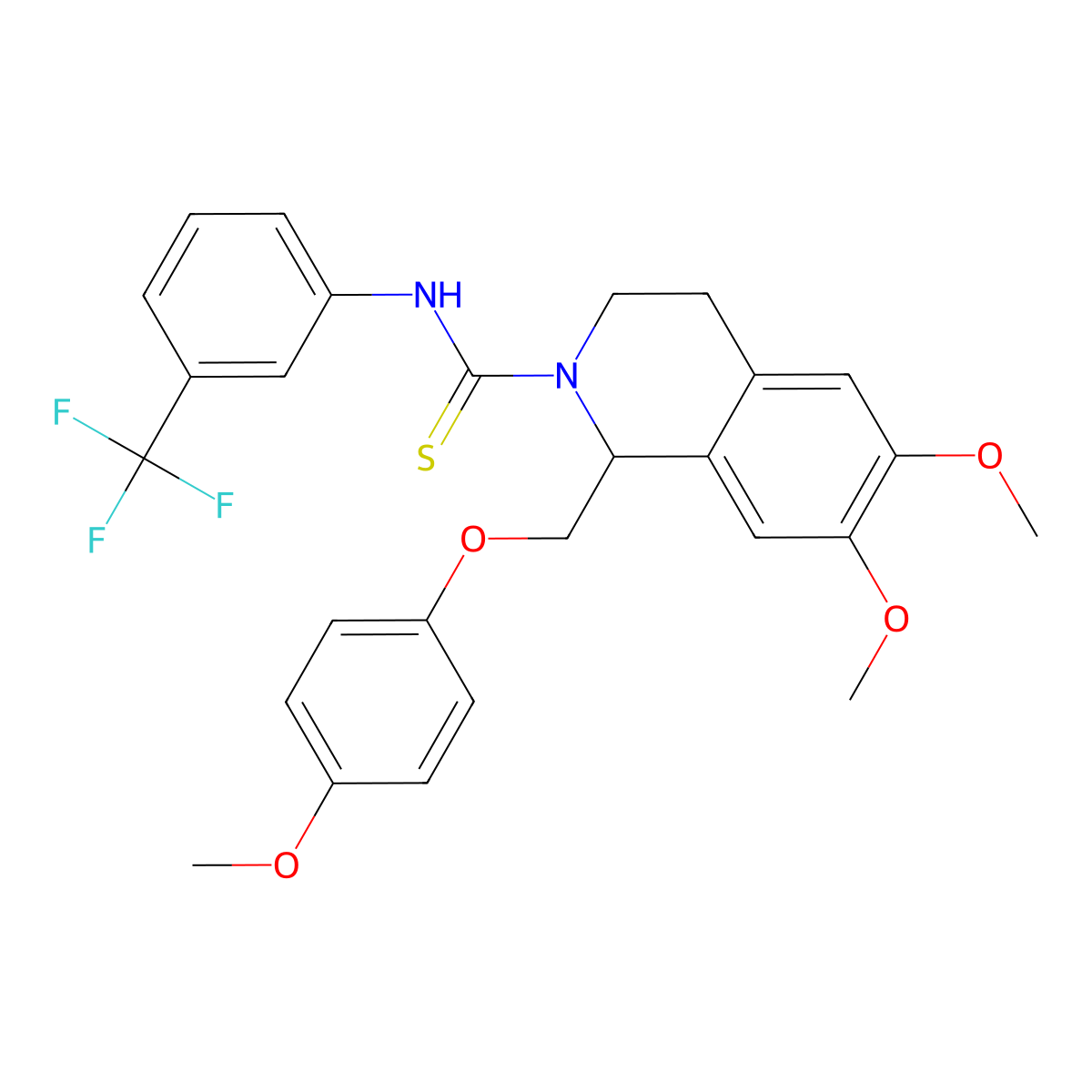 6,7-dimethoxy-1-((4-methoxyphenoxy)methyl)-N-(3-(trifluoromethyl)phenyl)-3,4-dihydroisoquinoline-2(1H)-carbothioamide molecular structure, CAS 501352-74-5