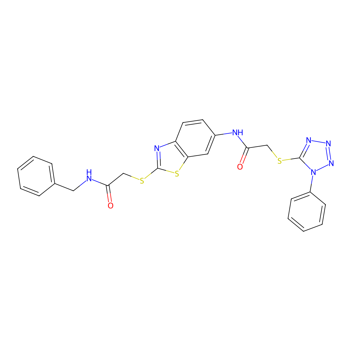 N-[2-[2-(benzylamino)-2-oxoethyl]sulfanyl-1,3-benzothiazol-6-yl]-2-(1-phenyltetrazol-5-yl)sulfanylacetamide molecular structure, CAS 501355-07-3