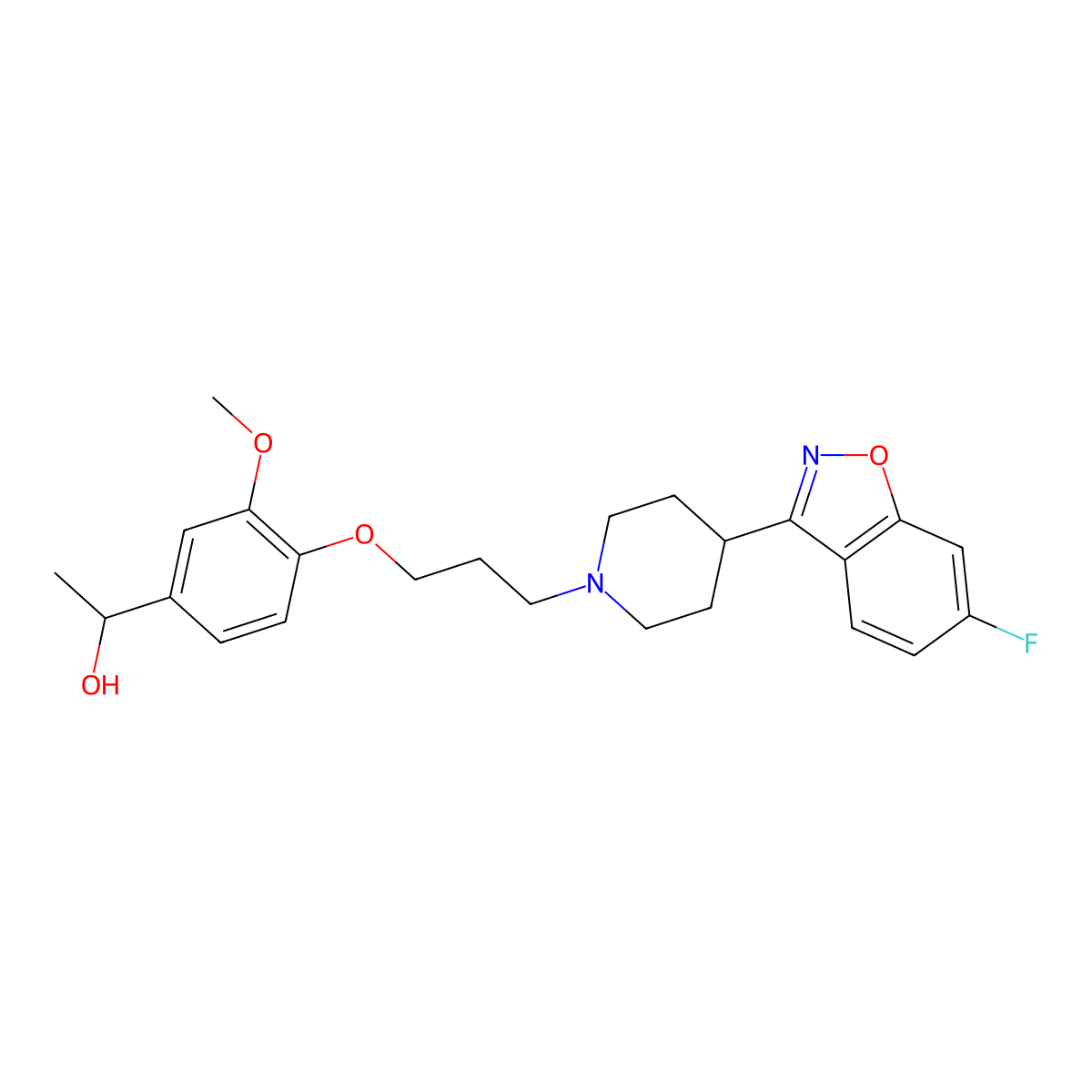 Benzenemethanol, 4-(3-(4-(6-fluoro-1,2-benzisoxazol-3-yl)-1-piperidinyl)propoxy)-3-methoxy-alpha-methyl-, (alphaS)- molecular structure, CAS 501373-88-2