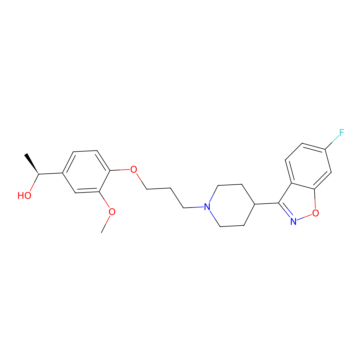 Benzenemethanol, 4-(3-(4-(6-fluoro-1,2-benzisoxazol-3-yl)-1-piperidinyl)propoxy)-3-methoxy-alpha-methyl-, (alphaS)- molecular structure, CAS 501373-88-2