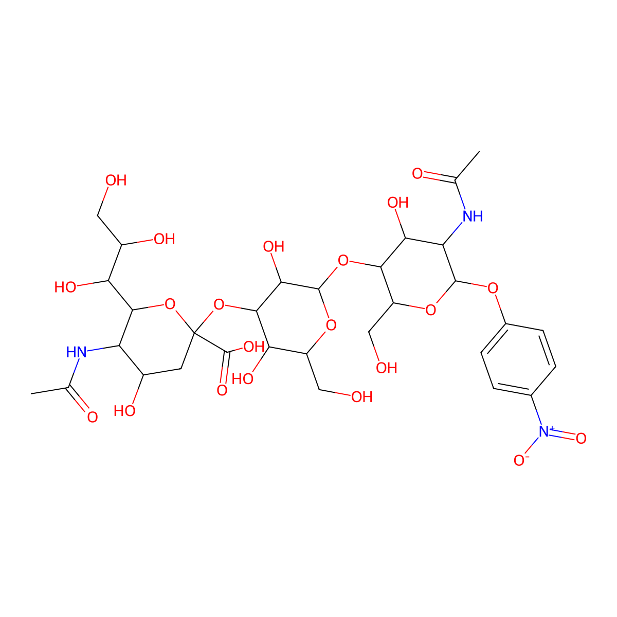 (2S,4R,5R,6R)-5-acetamido-2-((2S,3S,4S,5S,6S)-2-((2S,3S,4R,5S,6S)-5-acetamido-4-hydroxy-2-(hydroxymethyl)-6-(4-nitrophenoxy)oxan-3-yl)oxy-3,5-dihydroxy-6-(hydroxymethyl)oxan-4-yl)oxy-4-hydroxy-6-((1R,2R)-1,2,3-trihydroxypropyl)oxane-2-carboxylic acid molecular structure, CAS 501427-92-5
