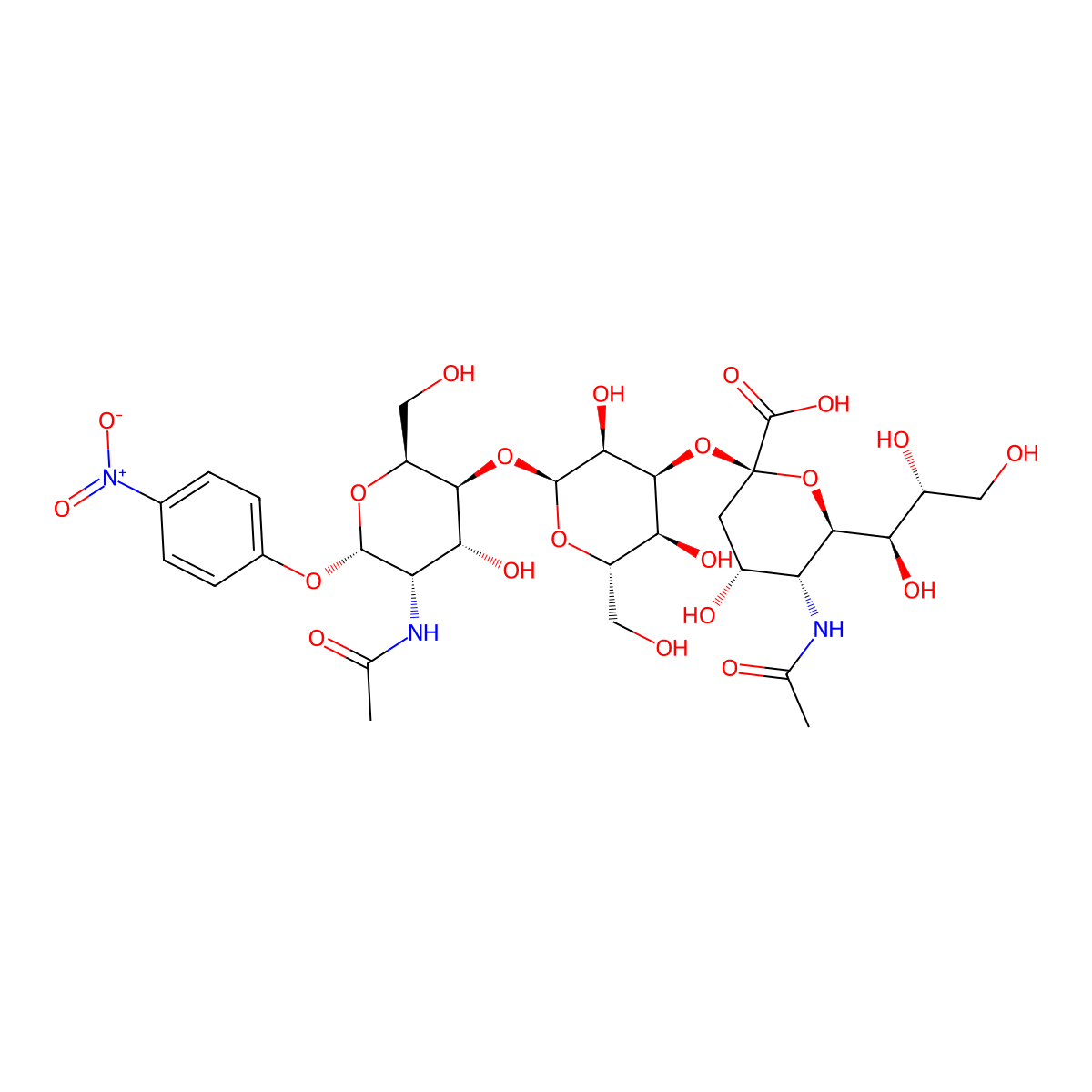 (2S,4R,5R,6R)-5-acetamido-2-((2S,3S,4S,5S,6S)-2-((2S,3S,4R,5S,6S)-5-acetamido-4-hydroxy-2-(hydroxymethyl)-6-(4-nitrophenoxy)oxan-3-yl)oxy-3,5-dihydroxy-6-(hydroxymethyl)oxan-4-yl)oxy-4-hydroxy-6-((1R,2R)-1,2,3-trihydroxypropyl)oxane-2-carboxylic acid molecular structure, CAS 501427-92-5