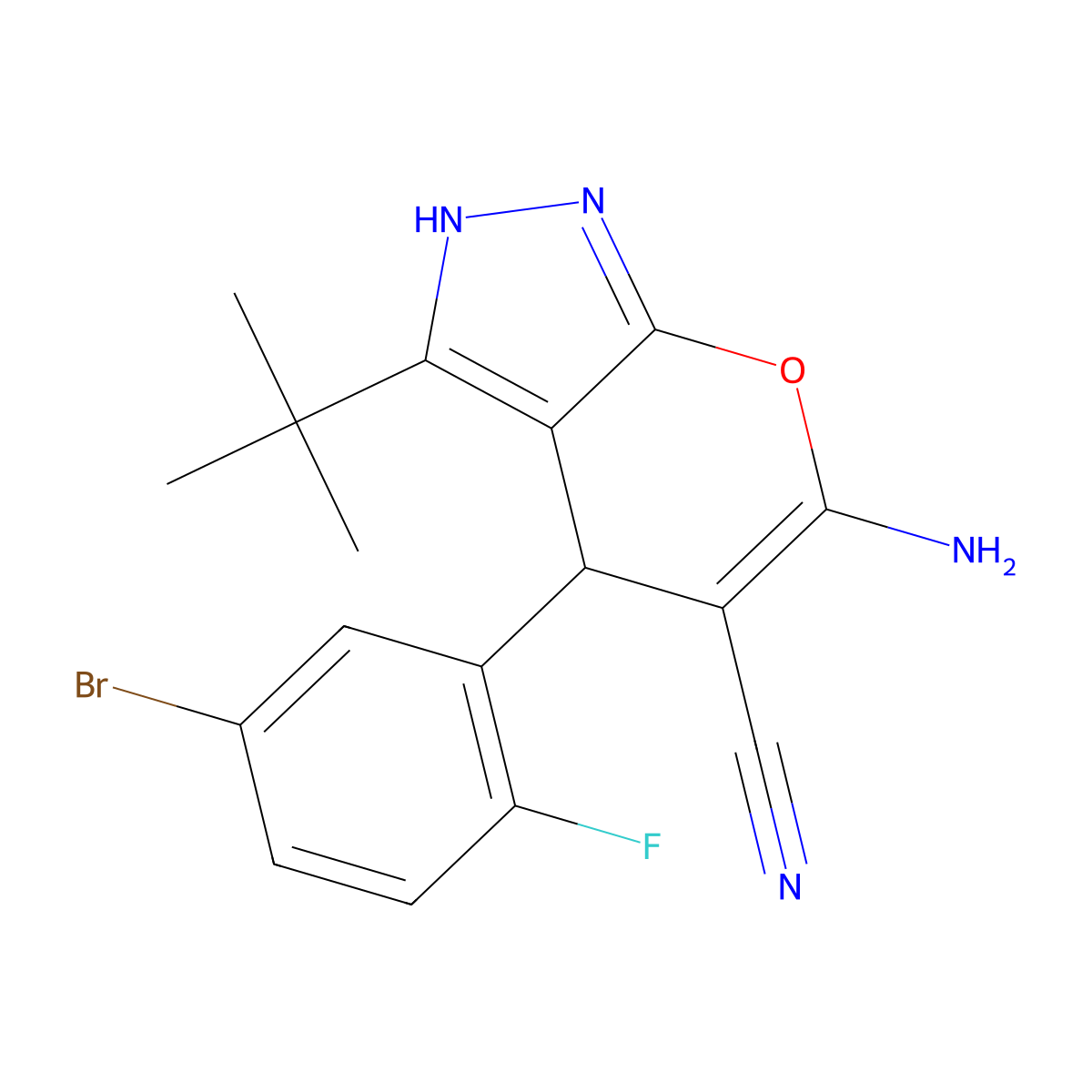 6-Amino-4-(5-bromo-2-fluorophenyl)-3-tert-butyl-2,4-dihydropyrano[2,3-c]pyrazole-5-carbonitrile molecular structure, CAS 501910-57-2
