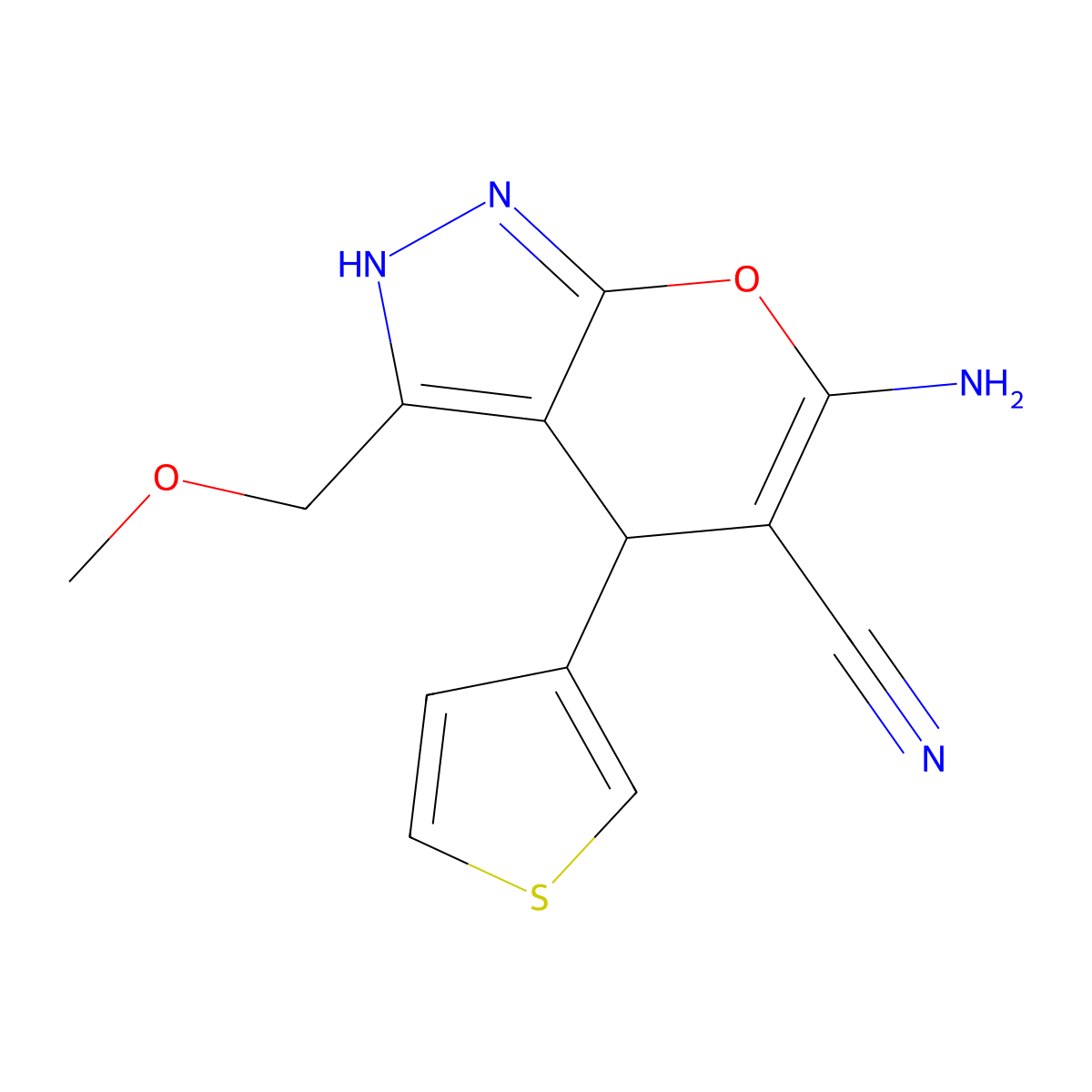 6-Amino-3-(methoxymethyl)-4-thien-3-yl-1,4-dihydropyrano[2,3-c]pyrazole-5-carbonitrile molecular structure, CAS 501910-60-7