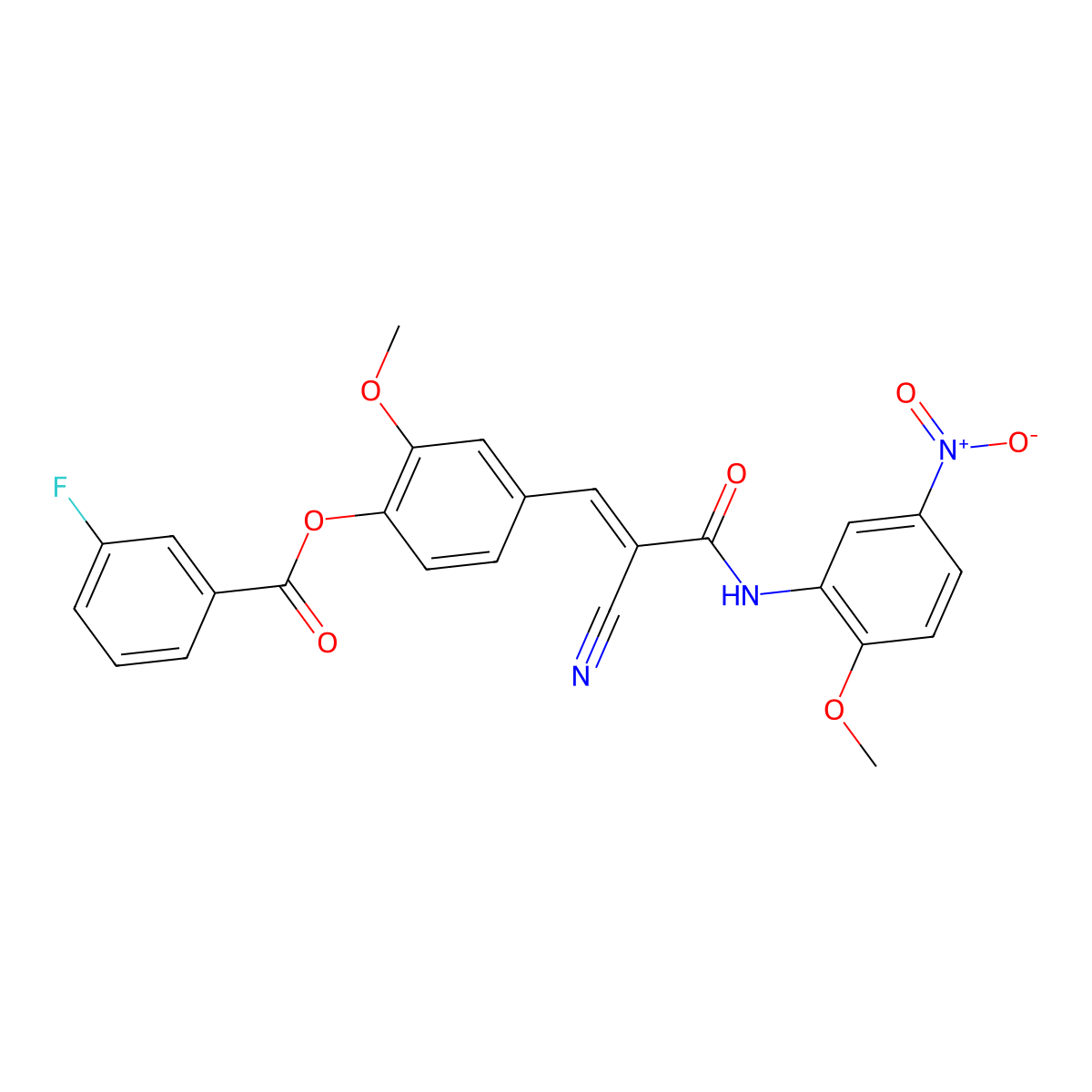 Benzoic acid, 3-fluoro-, 4-[2-cyano-3-[(2-methoxy-5-nitrophenyl)amino]-3-oxo-1-propen-1-yl]-2-methoxyphenyl ester molecular structure, CAS 501945-88-6