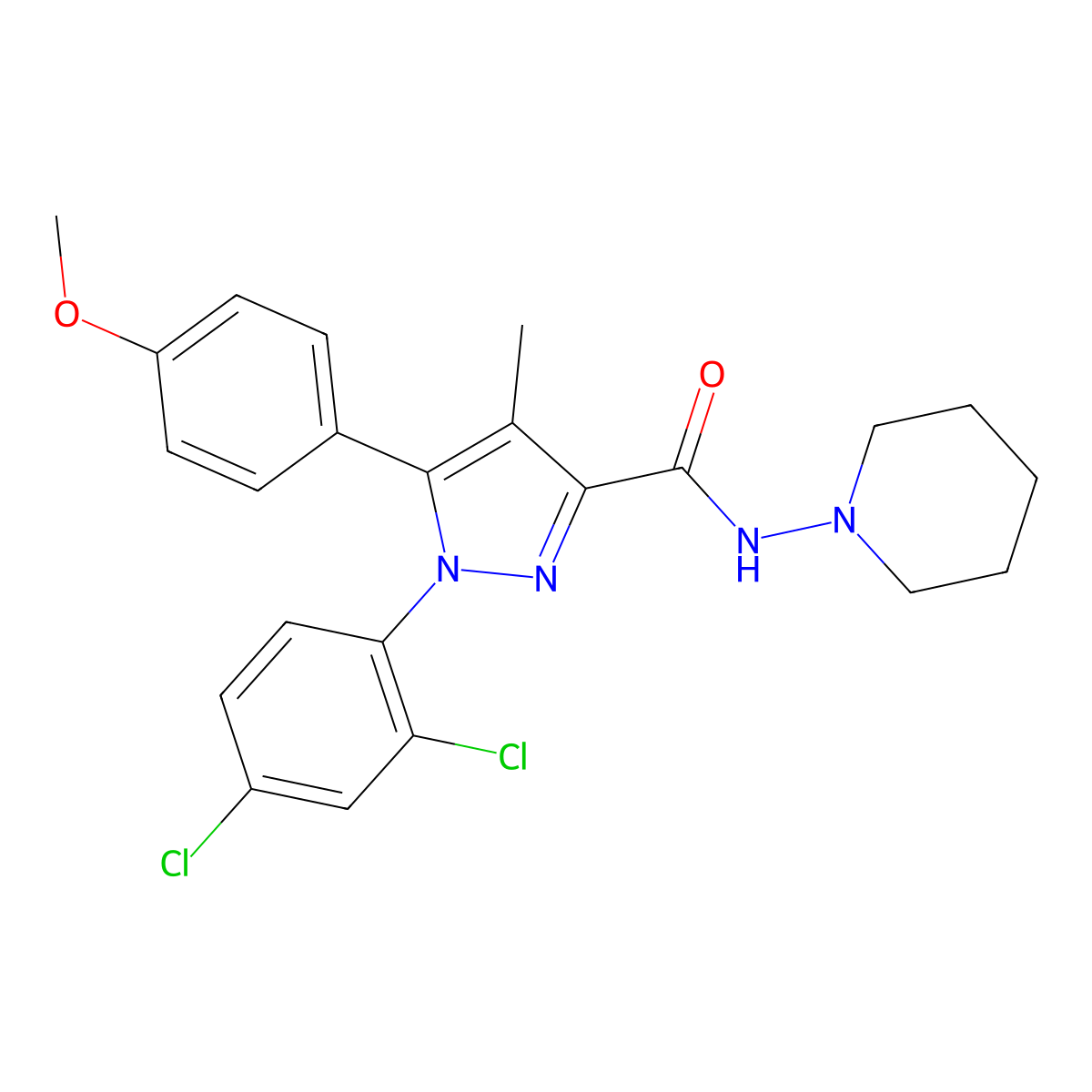 N-(piperidin-1-yl)-5-(4-methoxyphenyl)-1-(2,4-dichlorophenyl)-4-methyl-1H-pyrazole-3-carboxamide molecular structure, CAS 502486-89-7