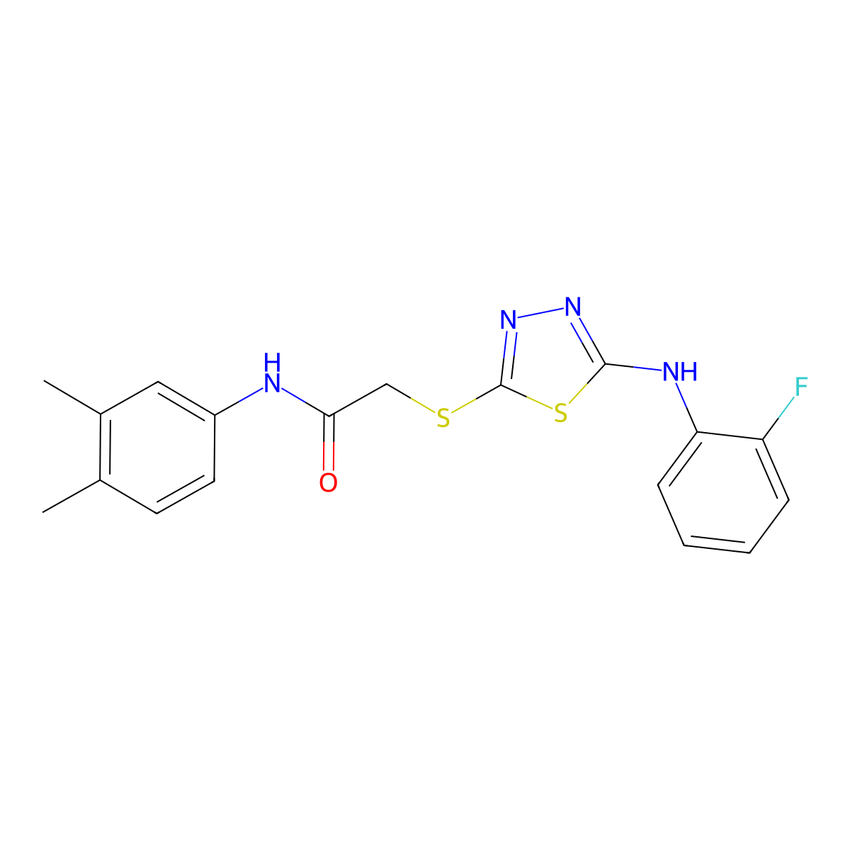 N-(3,4-dimethylphenyl)-2-({5-[(2-fluorophenyl)amino]-1,3,4-thiadiazol-2-yl}sulfanyl)acetamide molecular structure, CAS 502602-22-4