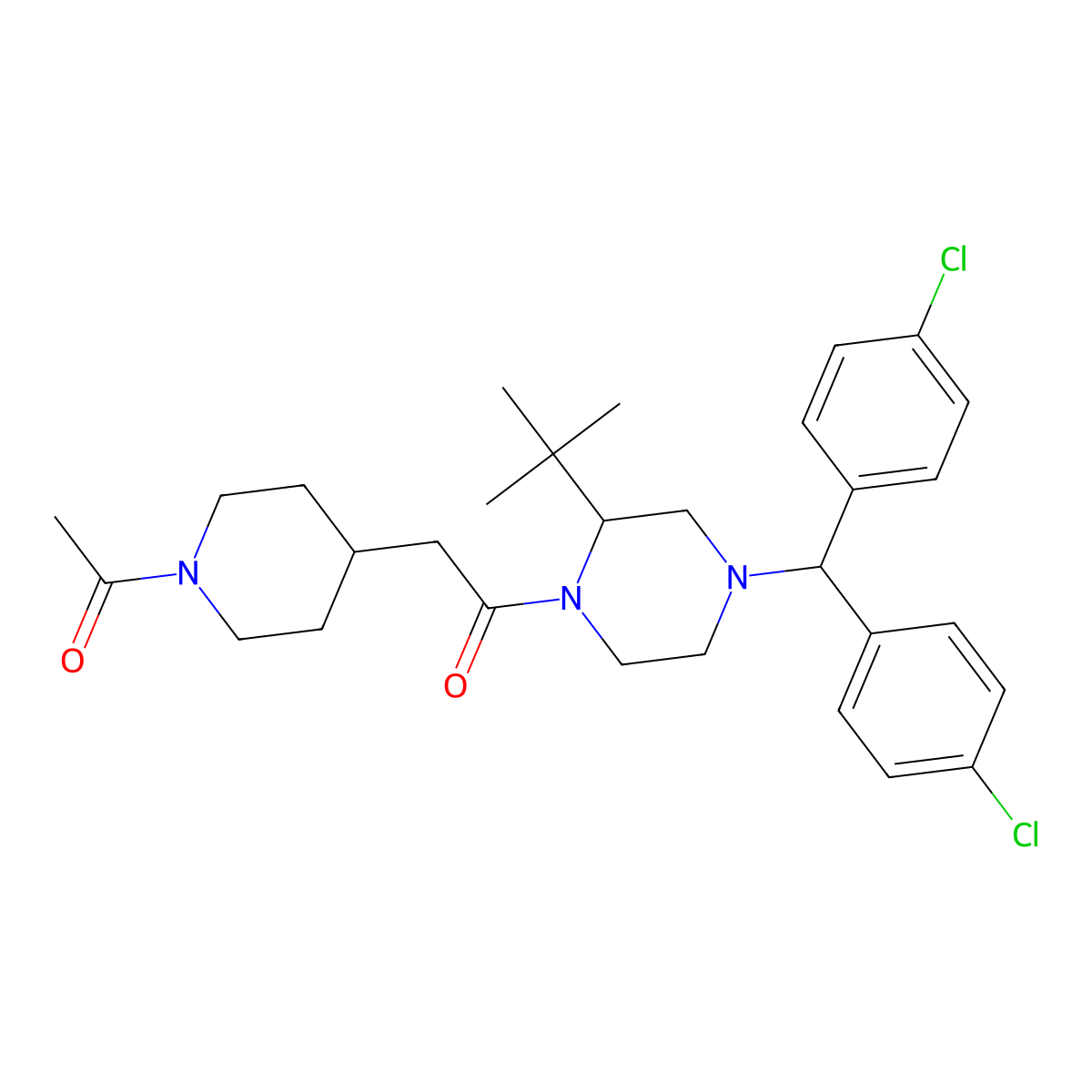 2-(1-Acetylpiperidin-4-yl)-1-[(2S)-4-[bis(4-chlorophenyl)methyl]-2-tert-butylpiperazin-1-yl]ethanone molecular structure, CAS 502628-66-2