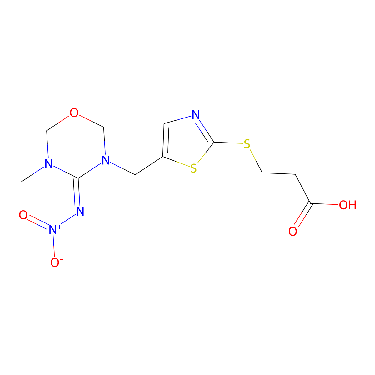 3-((5-((5-Methyl-4-(nitroimino)-1,3,5-oxadiazinan-3-yl)methyl)thiazol-2-yl)thio)propanoic acid molecular structure, CAS 502903-14-2