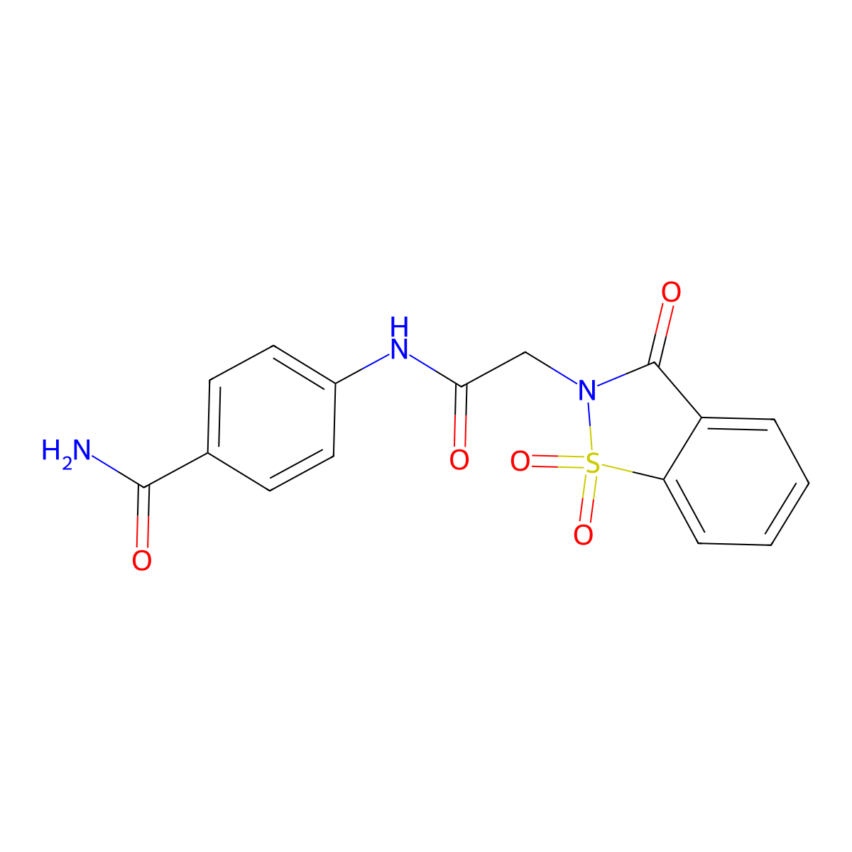 4-(2-(1,1-dioxido-3-oxobenzo[d]isothiazol-2(3H)-yl)acetamido)benzamide molecular structure, CAS 502912-90-5