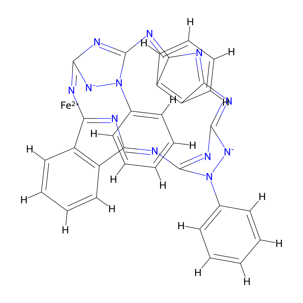 Iron, (8,20-dihydro-8,20-diphenyl-5,24:12,17-diimino-7,10:22,19-dinitrilodibenz(f,p)(1,2,4,9,11,12,14,19)octaazacycloeicosinato(2-)-kappaN25,kappaN26,kappaN27,kappaN28)-, (SP-4-1)- molecular structure, CAS 50293-39-5