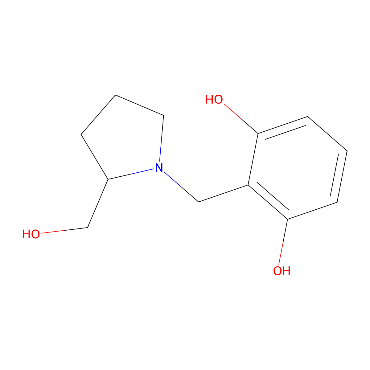 2-[[2-(Hydroxymethyl)pyrrolidin-1-yl]methyl]benzene-1,3-diol molecular structure, CAS 503046-81-9