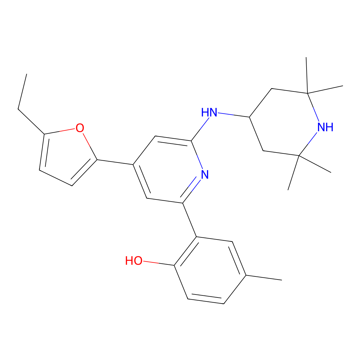 2-(4-(5-Ethylfuran-2-yl)-6-(2,2,6,6-tetramethylpiperidin-4-ylamino)pyridin-2-yl)-4-methylphenol molecular structure, CAS 503105-88-2