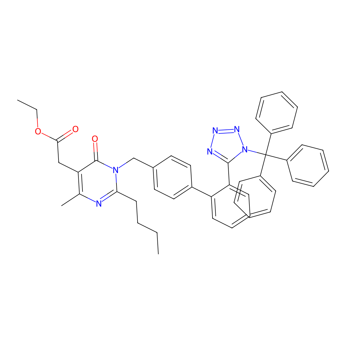 ethyl 2-(2-butyl-4-Methyl-6-oxo-1-((2'-(1-trityl-1H-tetrazol-5-yl)-[1,1'-biphenyl]-4-yl)Methyl)-1,6-dihydropyrimidin-5-yl)acetate molecular structure, CAS 503155-66-6